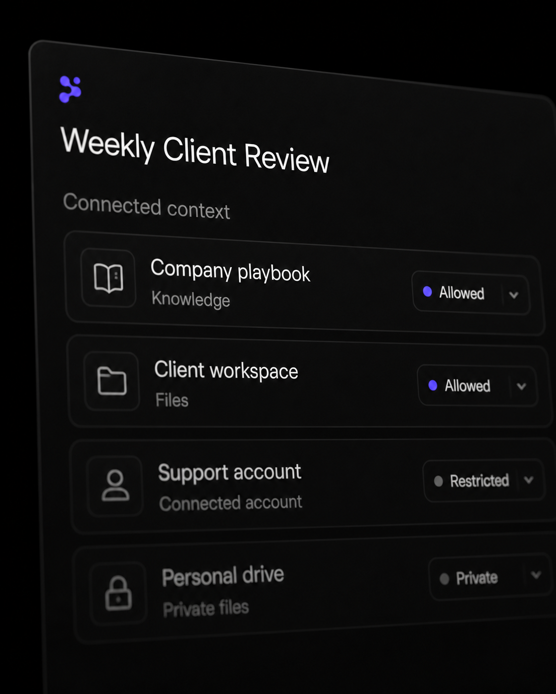 Weekly Client Review connected to approved company playbook and client workspace context with restricted and private sources kept separate