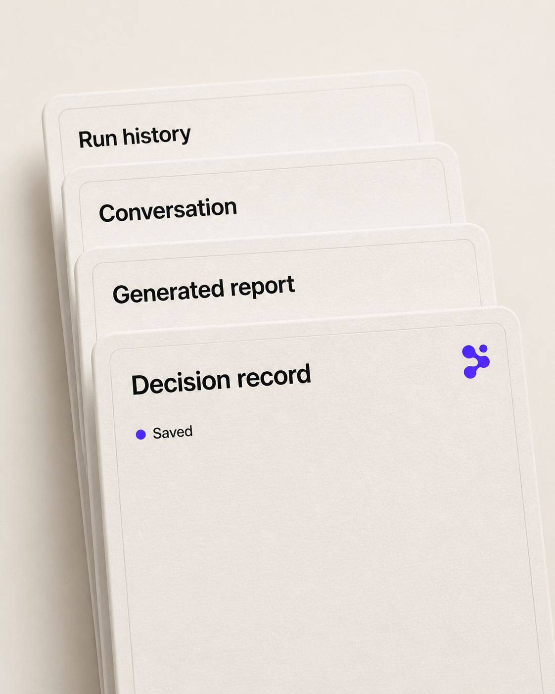 Durable Avori records preserving a conversation, report, decision log, and run history