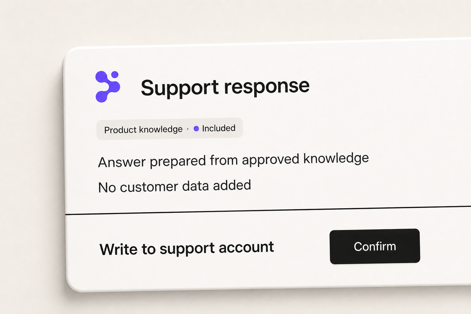 A support agent using product knowledge with confirmation required before writing to a support account